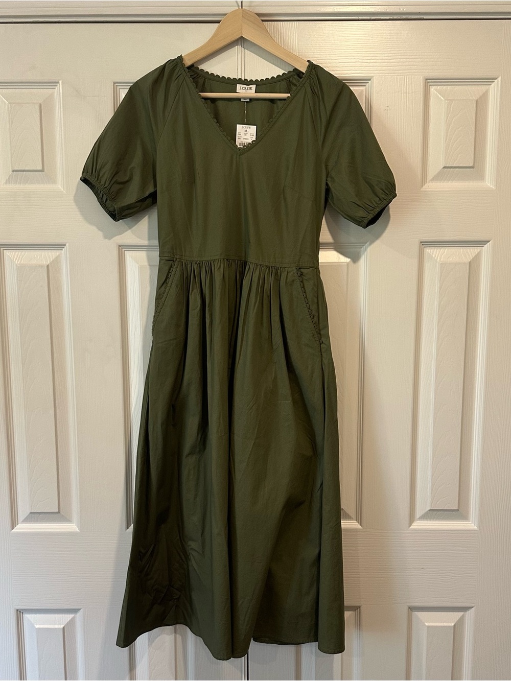J. Crew Olive Green V-Neck Puff Sleeve Midi Dress - Picture 4 of 12